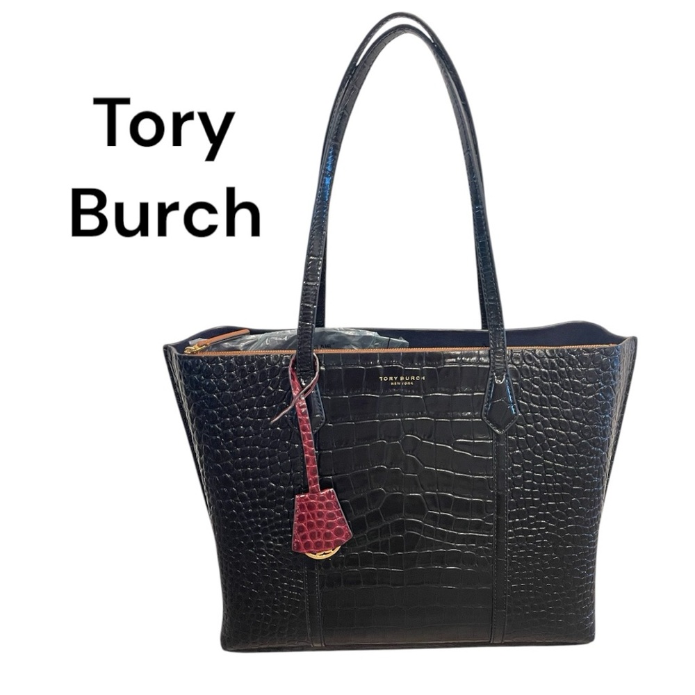 Tory Burch Black Perry Croc-Embossed Triple Compartment Leather Tote Bag